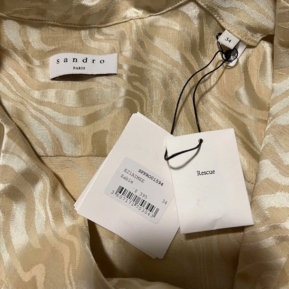 $395 Sandro Jacquard Belted Shirt Dress Knee Length Button Cream Medium 34 NWT - Picture 5 of 5